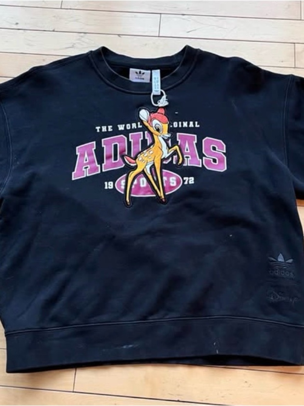 adidas Black Crewneck Sweatshirt with Bambi Graphic and Pink Logo